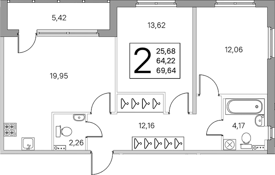2-комнатная квартира 66.93 м², 1/4 эт., ЖК «Любоград в Стрельне»